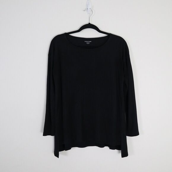 Eileen Fisher Size S Tencel Interlock Ballet Neck Top Slit High Low Hem Black - Picture 2 of 12